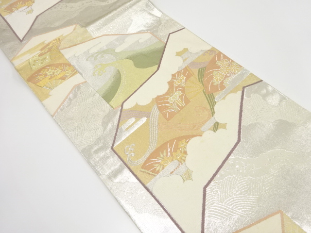 アンティーク　屏風に荒波・扇・花模様織り出し袋帯（材料）